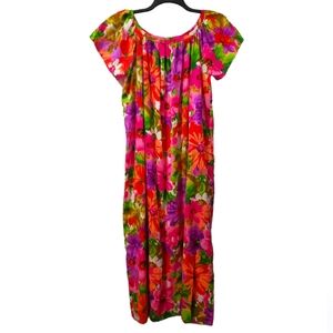 Vintage neon Hawaiian floral one pocket scoop neck maxi M/L
